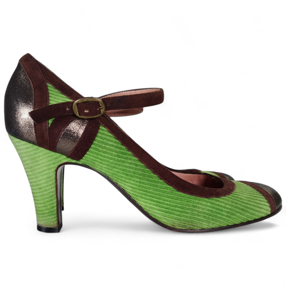 Marc Jacobs Mary Jane Heels 39.5 Green Corduroy Brown Suede Metallic Toe Italy